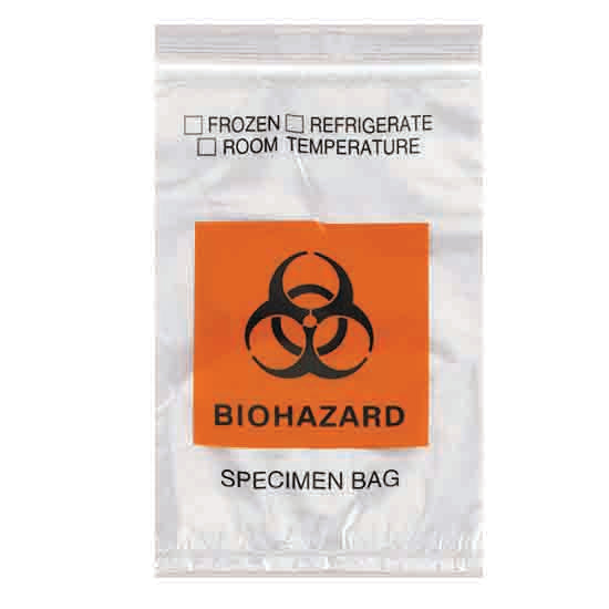 Econo-Zip Specimen Transport Bag, 6W x 9H, 2 MIL, 3-wall, Orange/Black Biohazard