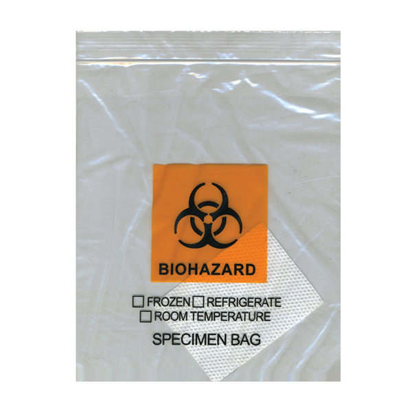 Econo-Zip Specimen Transport Bag, 8W x 10H, 1.75 MIL, 3-wall, Absorbent Pad, Orange/Black Biohazard