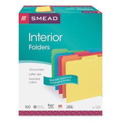 Interior File Folders, 1/3-Cut Tabs: Assorted, Letter Size, 0.75" Expansion, Assorted Colors, 100/Box