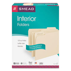 Interior File Folders, 1/3-Cut Tabs: Assorted, Letter Size, 0.75" Expansion, Manila, 100/Box