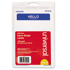 Hello Self-Adhesive Name Badges, 3.5 x 2.25, White/Blue, 100/Pack