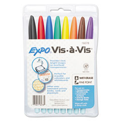 Vis-a-Vis Wet Erase Marker, Fine Bullet Tip, Assorted Colors, 8/Set