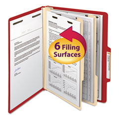 Top Tab Classification Folders, Six SafeSHIELD Fasteners, 2" Expansion, 2 Dividers, Letter Size, Red Exterior, 10/Box