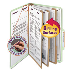 Pressboard Classification Folders, Eight SafeSHIELD Fasteners, 2/5-Cut Tabs, 3 Dividers, Legal Size, Gray-Green, 10/Box