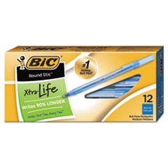 Round Stic Xtra Life Ballpoint Pen, Stick, Medium 1 mm, Blue Ink, Translucent Blue Barrel, Dozen