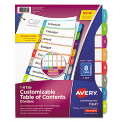 Customizable TOC Ready Index Multicolor Tab Dividers, 8-Tab, 1 to 8, 11 x 8.5, White, Contemporary Color Tabs, 1 Set