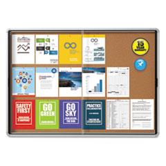 Enclosed Indoor Cork Bulletin Board with Two Sliding Glass Doors, 56 x 39, Tan Surface, Silver Anodized Aluminum Frame