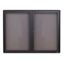 Enclosed Indoor Fabric Bulletin Board with Two Hinged Doors, 48 x 36, Gray Surface, Graphite Aluminum Frame