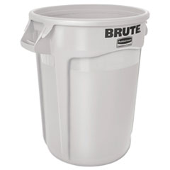 Vented Round Brute Container, 10 gal, Plastic, White