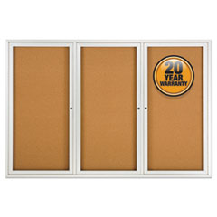 Enclosed Indoor Cork Bulletin Board with Three Hinged Doors, 72 x 48, Tan Surface, Silver Aluminum Frame