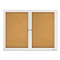 Enclosed Indoor Cork Bulletin Board with Two Hinged Doors, 48 x 36, Tan Surface, Silver Aluminum Frame