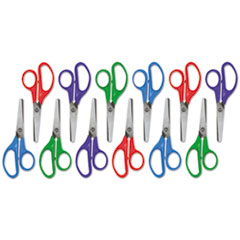 Kids' Scissors, Rounded Tip, 5" Long, 1.75" Cut Length, Assorted Straight Handles, 12/Pack