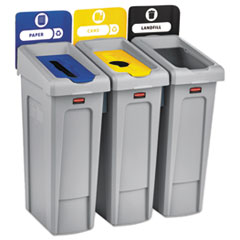 Slim Jim Recycling Station Kit, 3-Stream Landfill/Paper/Bottles/Cans, 69 gal, Plastic, Blue/Gray/Yellow