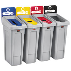 Slim Jim Recycling Station Kit, 4-Stream Landfill/Paper/Plastic/Cans, 92 gal, Plastic, Blue/Gray/Red/Yellow