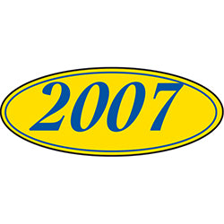 Oval Year Window Sticker - 2007 BLUE on YELLOW 12 / PK