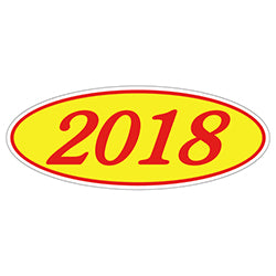 Oval Year Window Sticker - 2018 RED on YELLOW - Qty. 12 12 / PK