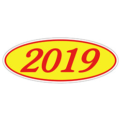 Oval Year Window Sticker - 2019 RED on YELLOW 12 / PK