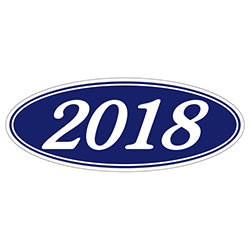 Oval Year Window Sticker - 2018 WHITE on BLUE - Qty. 12 12 / PK