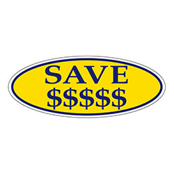 Window Sticker Blue on Yellow Oval SAVE $$$$$ - Qty. 12 12 / PK