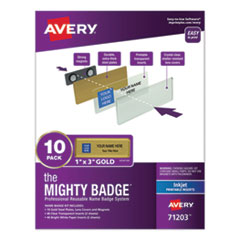 The Mighty Badge Name Badge Holder Kit, Horizontal, 3 x 1, Inkjet, Gold, 10 Holders/ 80 Inserts