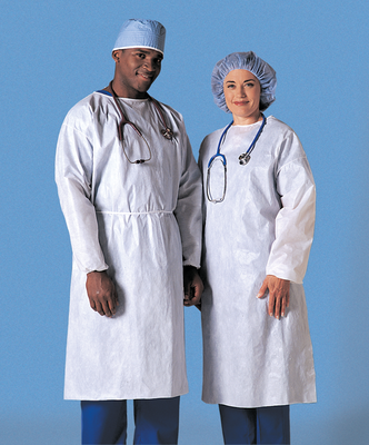 Spunbonded Polypropylene, Poly-Coated, Fluid Repellent Gowns with Full Back - Poly-Coated Gowns - White