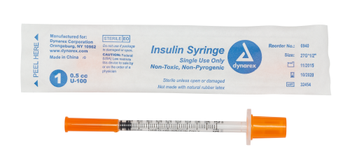 Insulin Syringe N/S - Individual Wrapped - .5cc - 27G - 1/2" Needle - 5/100/cs