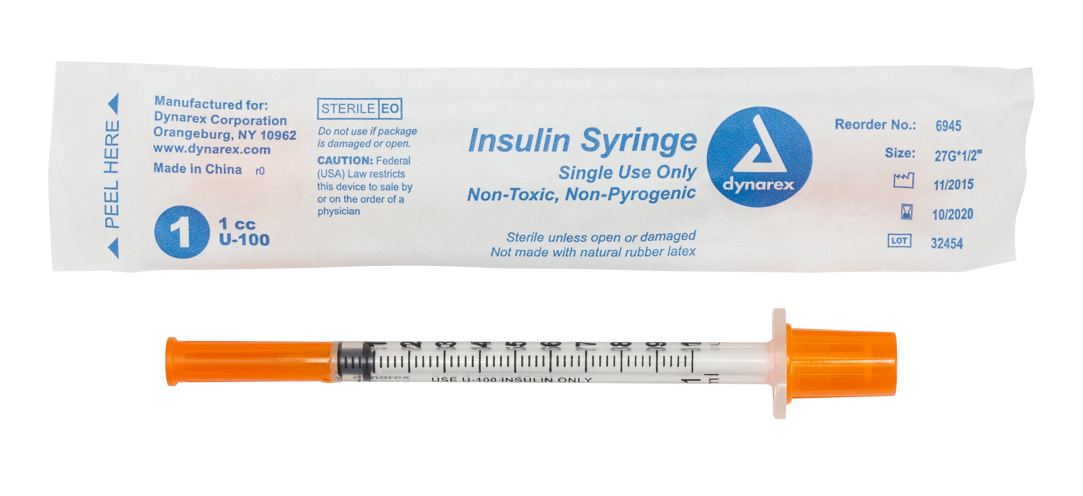 Insulin Syringe N/S - Individual Wrapped - 1cc - 27G - 1/2" Needle - 5/100/cs