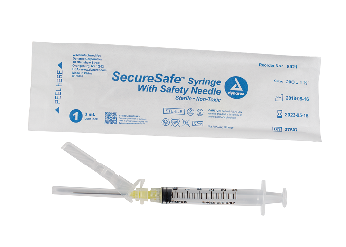 SecureSafe Syringe with Safety Needle - 3cc Luer Lock 20G 1 1/2" Needle 8/100/cs