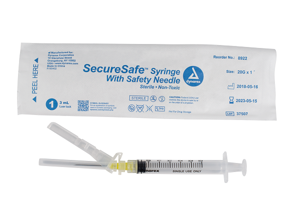 SecureSafe Syringe with Safety Needle - 3cc - Luer Lock 20G 1" Needle 8/100/cs