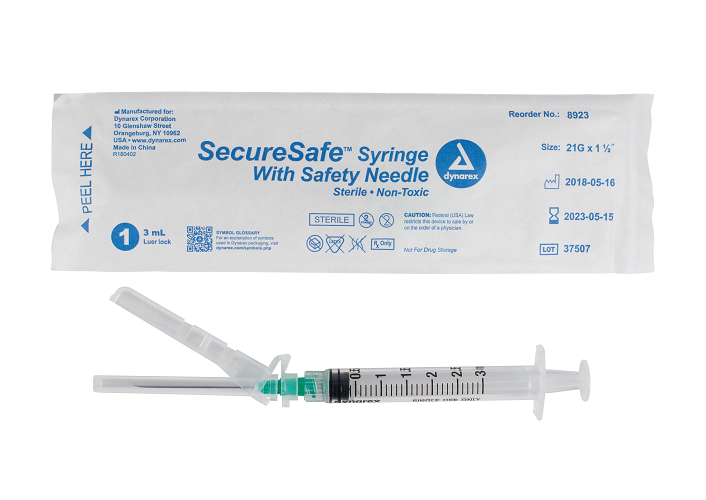 SecureSafe Syringe with Safety Needle - 3cc - Luer Lock 21G - 1.5" Needle 8/100/cs