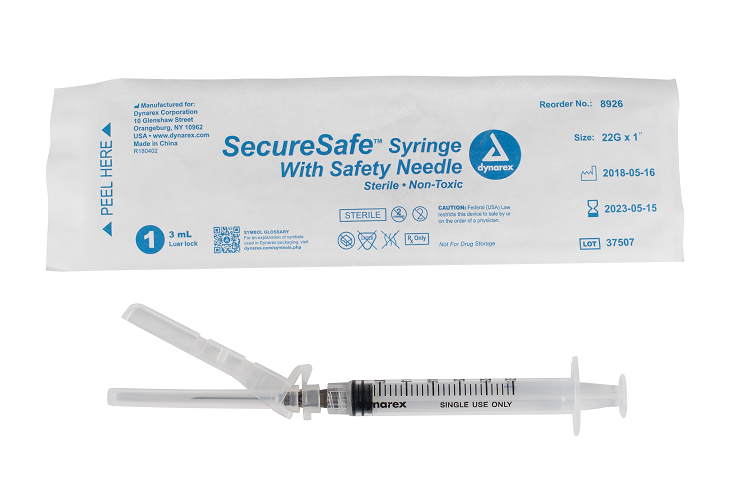 SecureSafe Syringe with Safety Needle - 3cc Luer Lock 22G - 1" Needle 8/100/cs