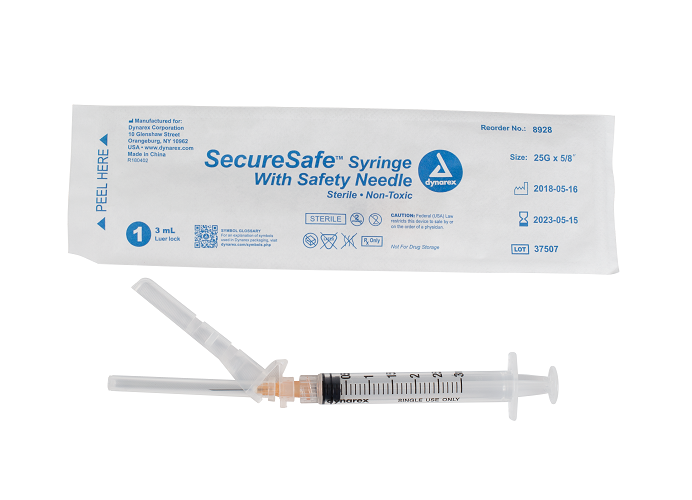 SecureSafe Syringe with Safety Needle - 3cc Luer Lock 25G - 5/8" Needle 8/100/cs