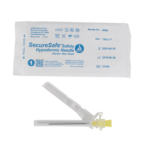 SecureSafe Safety Hypodermic Needle - 19G x 1" Needle 10/100/cs