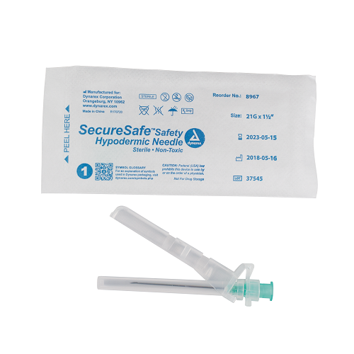 SecureSafe Safety Hypodermic Needle - 21G x 1 ½" Needle 10/100/cs