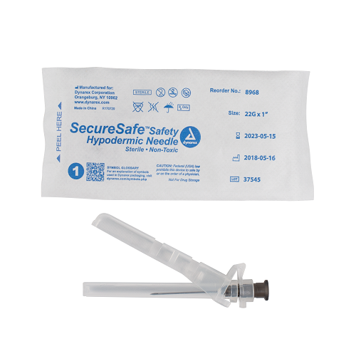 SecureSafe Safety Hypodermic Needle - 22G x 1" Needle 10/100/cs