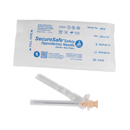 SecureSafe Safety Hypodermic Needle - 25G x 1 ½" Needle 10/100/cs