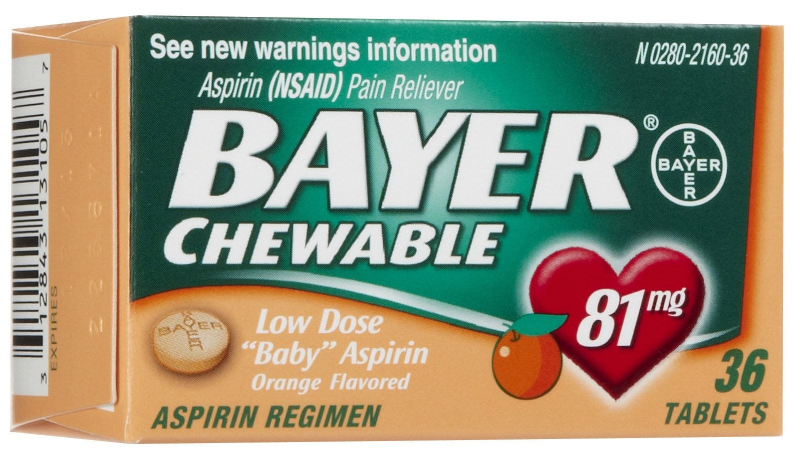 Bayer 81mg Chewable Aspirin, 36/bottle