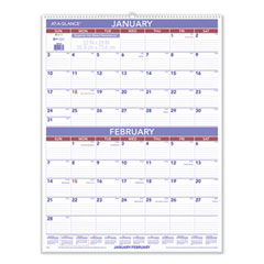 Two-Month Wall Calendar, 22 x 29, White/Blue/Red Sheets, 12-Month (Jan to Dec): 2024