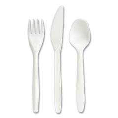 Eco-ID Mediumweight Compostable Cutlery, Fork/Knife/Teaspoon, White, 120 Sets/Pack