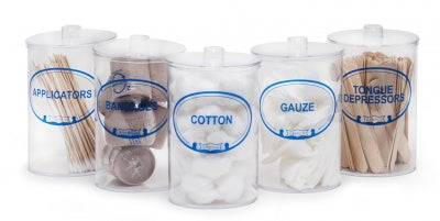 Plastic Sundry Jars - Set of Five 7"H X 4.25"D Labeled Clear Plastic Sundry Jars with Covers (Labels: Bandages, Applicators, Gauze, Cotton, Tongue Depressors)