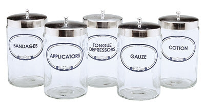 Set of Five (5) 7"H X 4.25"D Labeled Flint Glass Sundry Jars with Covers (Labels: Bandages, Applicators, Gauze, Cotton, Tongue Depressors)