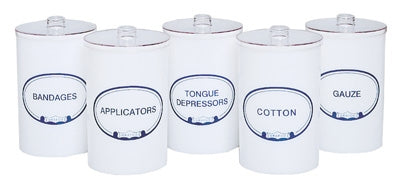 Plastic Sundry Jars - Set of Five 7"H X 4.25"D Opaque Plastic Sundry Jars with Covers (Labels: Bandages, Applicators, Gauze, Cotton, Tongue Depressors)