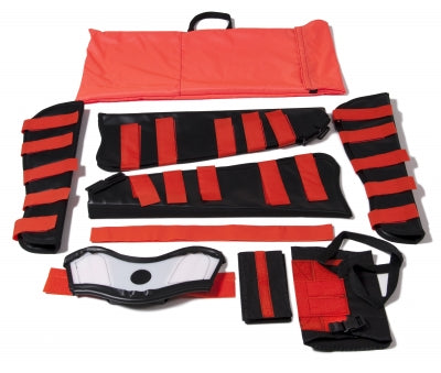 Complete Adult Fracture Kit: (2) adult arm splints, (2) adult leg splints, (1) adult arm/shoulder immobilizer, (1) extrication collar with neck pad, (1) water-resistant nylon carry bag, (1) 2" x 24" hook and loop strip