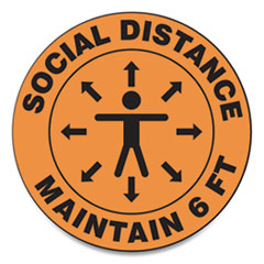 Slip-Gard Social Distance Floor Signs, 12" Circle, "Social Distance Maintain 6 ft", Human/Arrows, Orange, 25/Pack