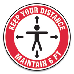 Slip-Gard Social Distance Floor Signs, 12" Circle, "Keep Your Distance Maintain 6 ft", Human/Arrows, Red/White, 25/Pack