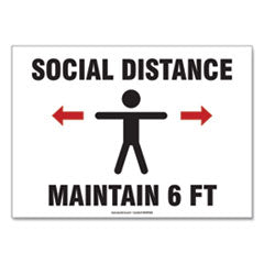 Social Distance Signs, Wall, 14 x 10, "Social Distance Maintain 6 ft", Human/Arrows, White, 10/Pack