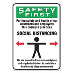 Social Distance Signs, Wall, 10 x 14, Customers and Employees Distancing Clean Environment, Humans/Arrows, Green/White, 10/PK