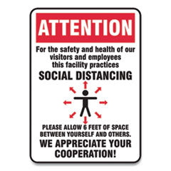 Social Distance Signs, Wall, 10 x 14, Visitors and Employees Distancing, Humans/Arrows, Red/White, 10/Pack