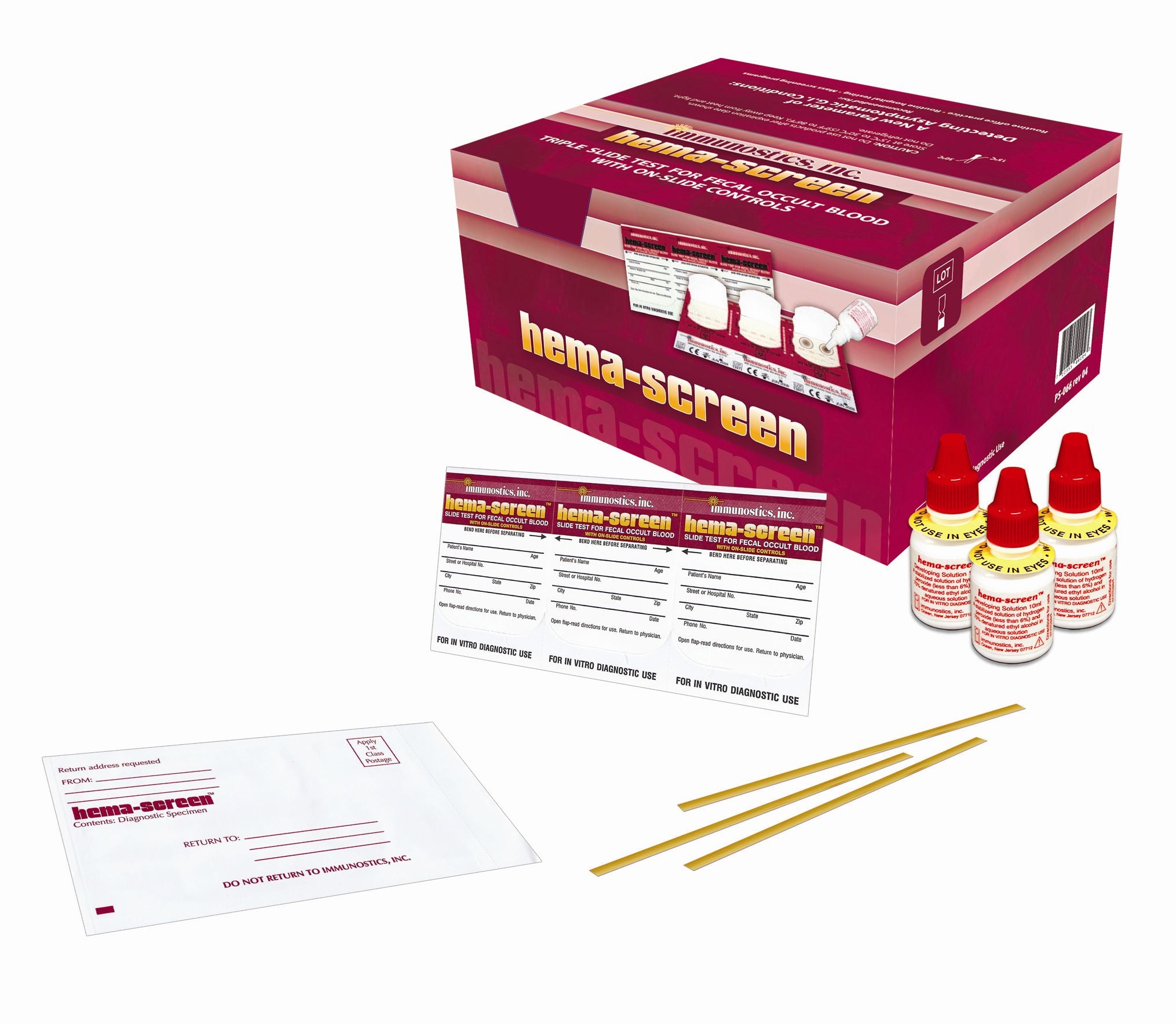 Fecal Occult Blood - Hema-Screen Patient Pack: 50 Envelopes containing: 1 Triple Slide, 3 Applicator Sticks, 1 Patient Instruction Sheet (English and Spanish), 1 Postal Approved Mailing Envelope, 3 Bottles Developer, and 1 Product Insert