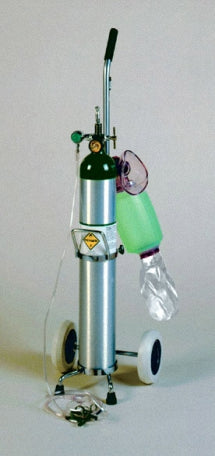 E Oxygen Cylinder Resuscitator Kit On Cart 1603E Aluminum Cylinder, 1442 Fixed Flow Mini Regulator  (6 LPM Avg.), 4000 Disposable Adult Bag Mask Resuscitator,  Mask & Tube, 370C Cart, Cylinder Sold Empty